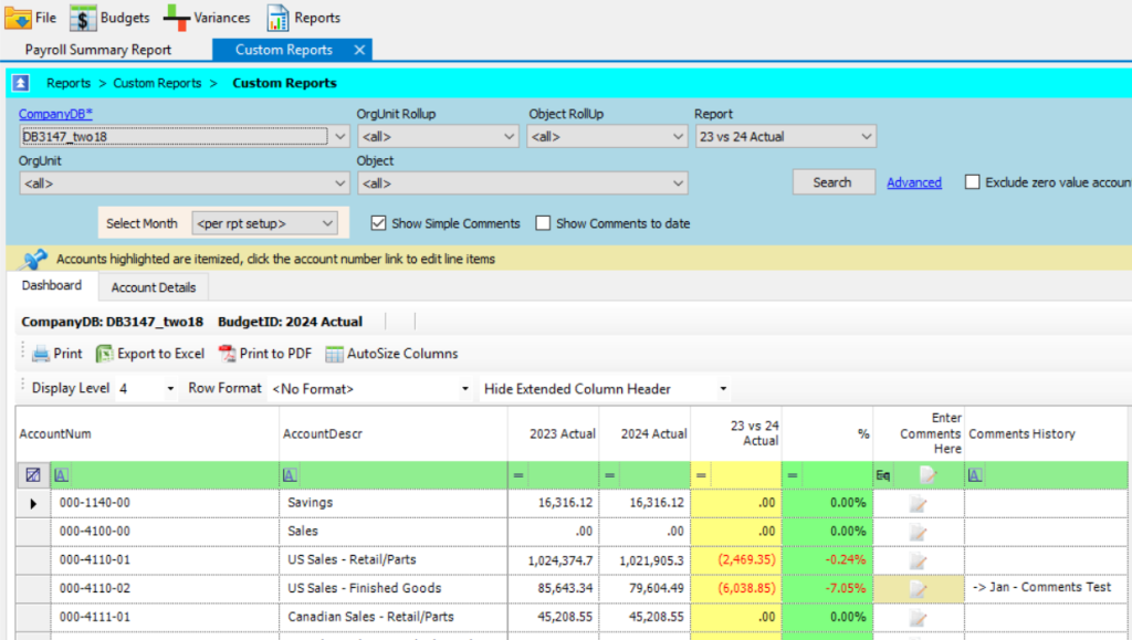 Screenshot of Reporting Software